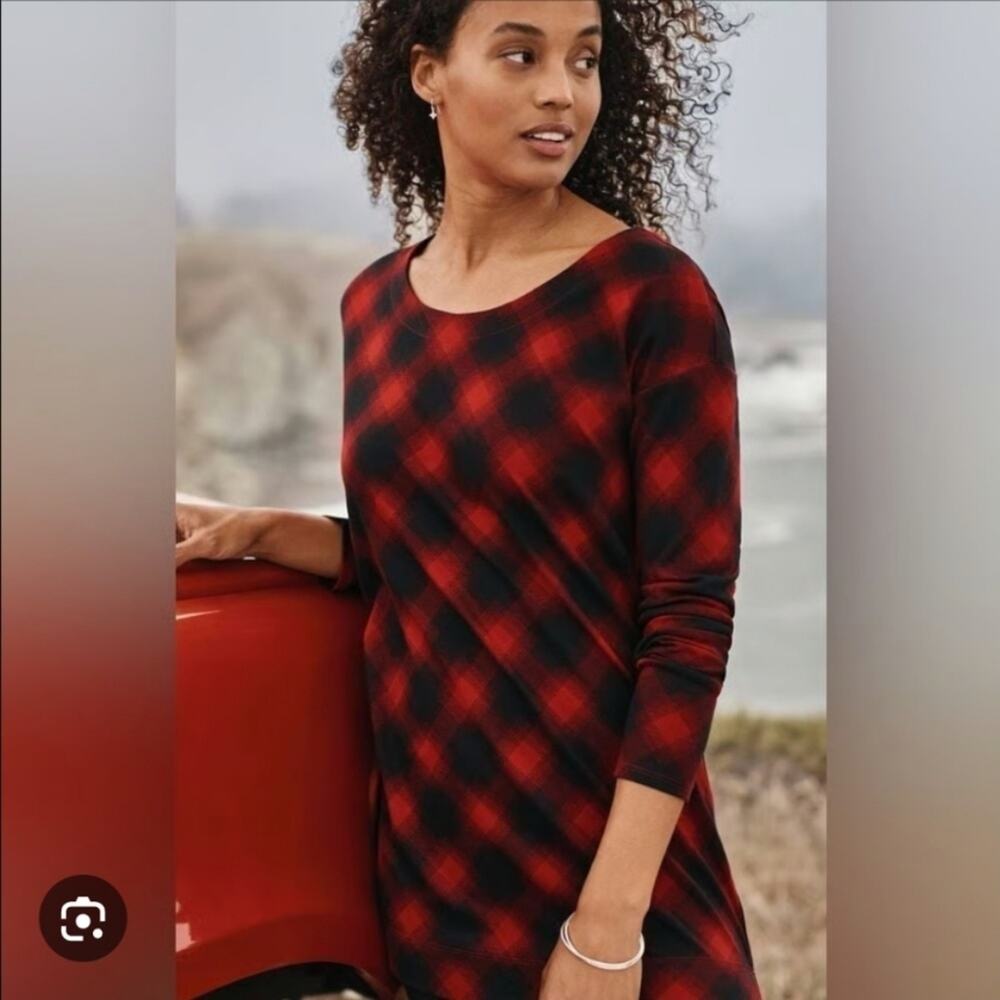 J. Jill Buffalo Plaid Tunic Top Large Red Black Supima Cotton Cozy Preppy